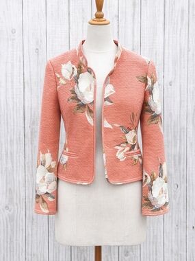 Linda Allard Ellen Tracy Size 2 Coral Floral Elegant Silk Dinner Jacket